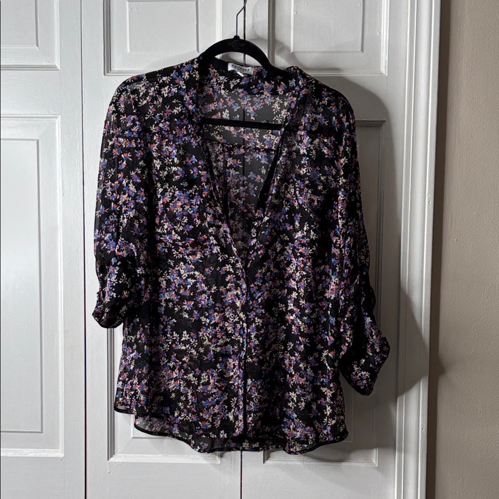 Express Black Sheer Floral Blouse with Blue, Cream and Pink Accents. Sz L